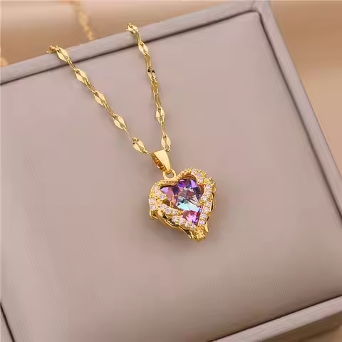 Colorful crystal ocean heart pendant necklace
